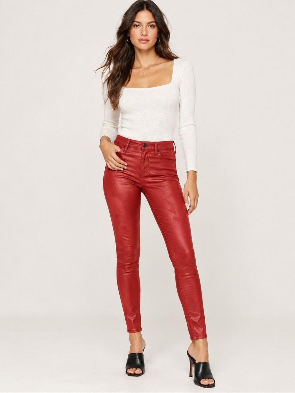 ❤️ NWOT! HUDSON COATED NICO SUPER SKINNY JEANS, RED LEATHER-LOOK, 0 (25)